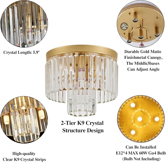 12.6" 4 Light Gold Crystal Ceiling Light for Dining Room | K9 Crystal, Stainless Steel, 2 Tier, E12 Base, Flush Mount, for Kitchen Island Living Room Bedroom Entryway - Image 7
