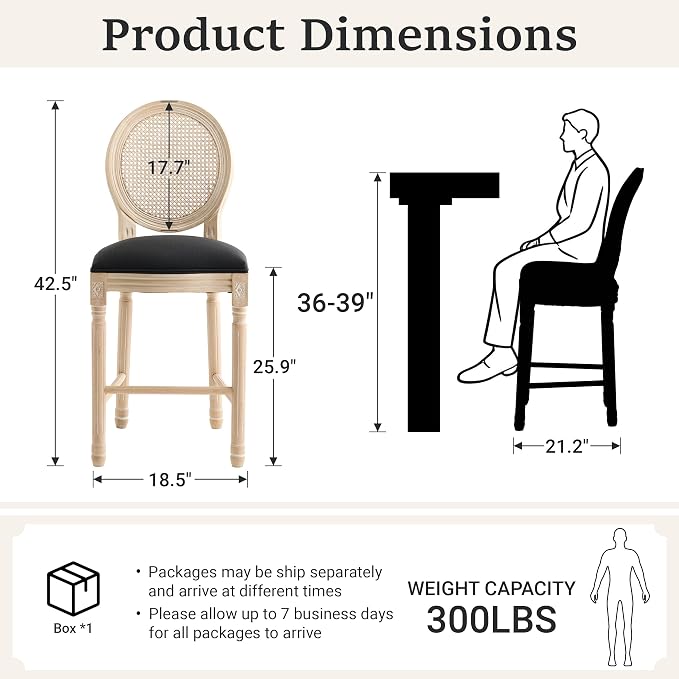 French Country Barstool, Linen Farmhouse Counter Height Chair | Set of 2, with Rattan Round Back and Solid Wood Legs, Oval Chairs for Restaurant, Bar, Kitchen, Café, Black - Image 3