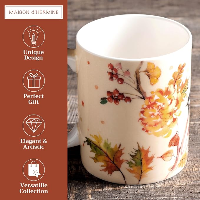 Maison d' Hermine Coffee Mug with Handles Tea Cups (12 Ounce, Pack of 1) | Fine Bone China Coffee Mugs for Hot Beverages Cappuccino Latte Home Restaurant Spring Summer -Kelim - Prairie - Autumn Joy - Image 2