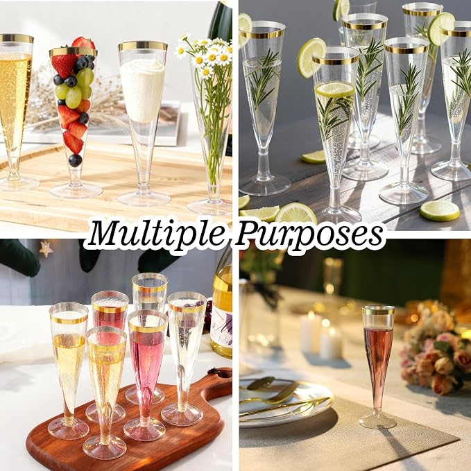 Bestluck 100 Pack 4.5 oz Gold Glitter Champagne Flutes Plastic | Plastic Disposable Stemware with Gold Rim, Disposable Champagne Flutes for Party, Mimosa Bar, Wedding, Anniversary - Image 6