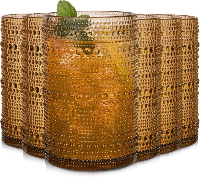 Amber Hobnail Drinking Glasses Set of 6,15 oz Vintage Highball Glasses,Drinkware Kitchen Glasses for Cocktail,Iced Coffee,Beer,Ice Tea,Wine,Whiskey,Water by JPPSUJJ