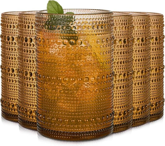Amber Hobnail Drinking Glasses Set of 6,15 oz Vintage Highball Glasses,Drinkware Kitchen Glasses for Cocktail,Iced Coffee,Beer,Ice Tea,Wine,Whiskey,Water by JPPSUJJ