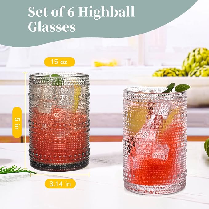 Gray Hobnail Drinking Glasses Set of 6,15 oz Vintage Highball Glasses,Drinkware Kitchen Glasses for Cocktail,Iced Coffee,Beer,Ice Tea,Wine,Whiskey,Water - Image 3