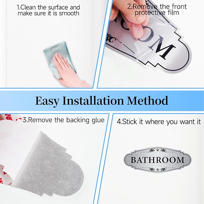 Bathroom Sign Sticker for Business and Home，Self-adhesive Brushed Silver Cute Bathroom Decor for Door，Waterproof Vinyl Restroom Sign for Home，Office，Shop（Silver） - Image 4