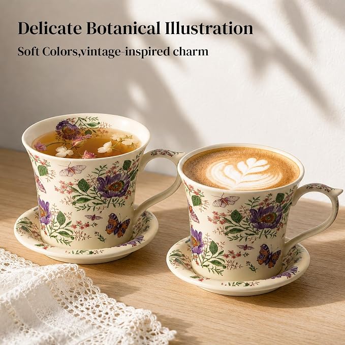DOWAN 14 OZ Tea Cup & Saucer Set, Floral Mug with Lid, Ceramic Cappuccino/Latte Mug for Women, One Set - Image 9