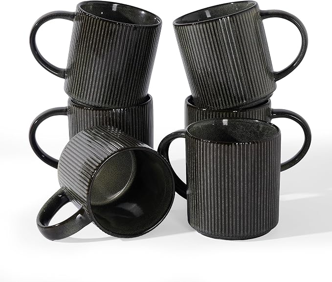 famiware Coffee Mug Set for 6, Star 16 oz Catering Mugs Cup Set with Handle for Coffee, Tea, Cocoa, Milk - Ceramic Stoneware Drinkware Set, Deep Forest by Famiware