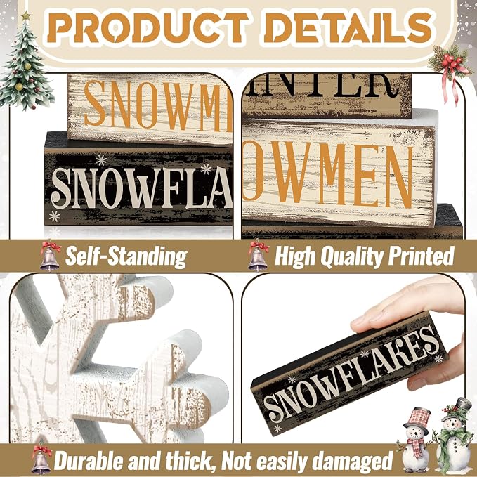Moucuny 4 Pcs Winter Table Decorations Wooden Snowflake Decor Christmas Tiered Tray Decor Rustic Snow Block Signs Gift Farmhouse Christmas Centerpiece for Winter Wonderland Party Kitchen Shelf Home - Image 6
