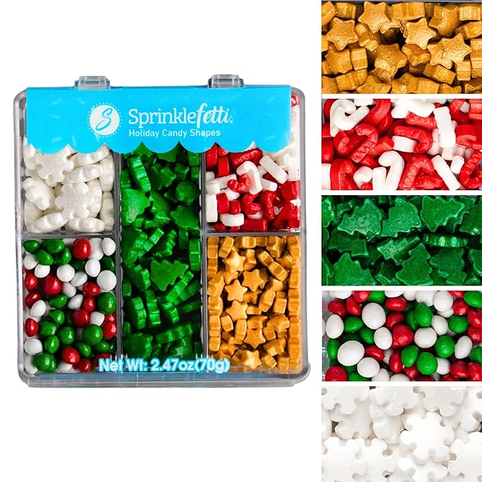 Sweets Indeed Christmas Sprinkle Tackle Box – 2.53 oz | Festive Holiday Sprinkles with Gold Stars, Green Trees, Candy Canes, White Snowflakes & Red-Green Chocolates | Holiday Baking & Cookie Decorating Kit