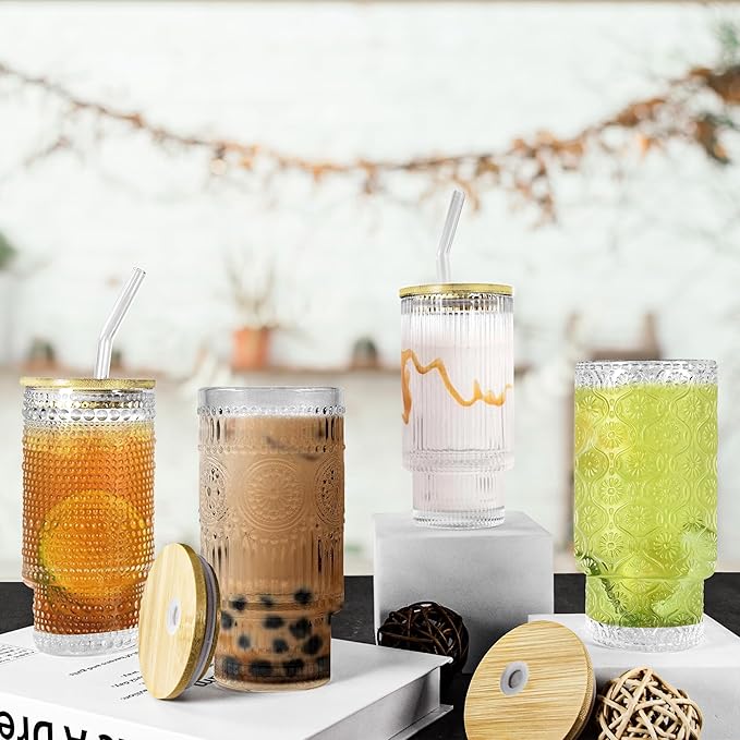 2 Pcs 16oz Glass Cups with Lids and Straws Ribbed Vintage Iced Coffee Glasses for Tea Iced Coffee Soda Cocktail Smoothie(Ribbed*2)