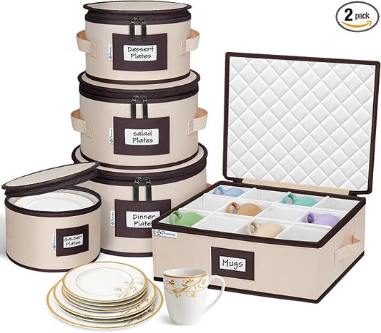 punemi Fine China Storage Containers, 5-Piece Hard Shell Set for Moving | Quilted dish protectors; with dividers, stackable organizer for coffee mug plates and dinnerware, for packing & moving, beige by Punemi