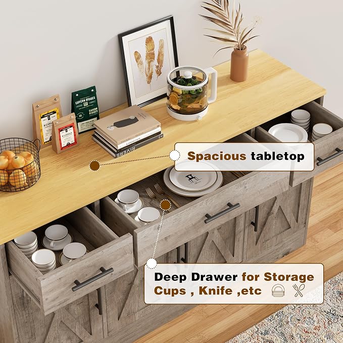 Vongrasig 53" Large Sideboard Buffet Cabinet With 4 Doors and 3 Drawers, Farmhouse Coffee Bar Kitchen Storage Cabinet, Wood Table for Kitchen, Dining Room, Ash Grey - Image 6