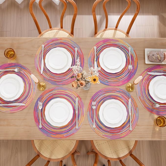 SHACOS 15 inch Round Placemats Set of 6 Variegated Multicolor Place Mats Cotton Polyester Braided Non Slip Washable Heat Resistant Table Mats for Home Wedding Dinner Party Table Decor, Rainbow Pink - Image 5