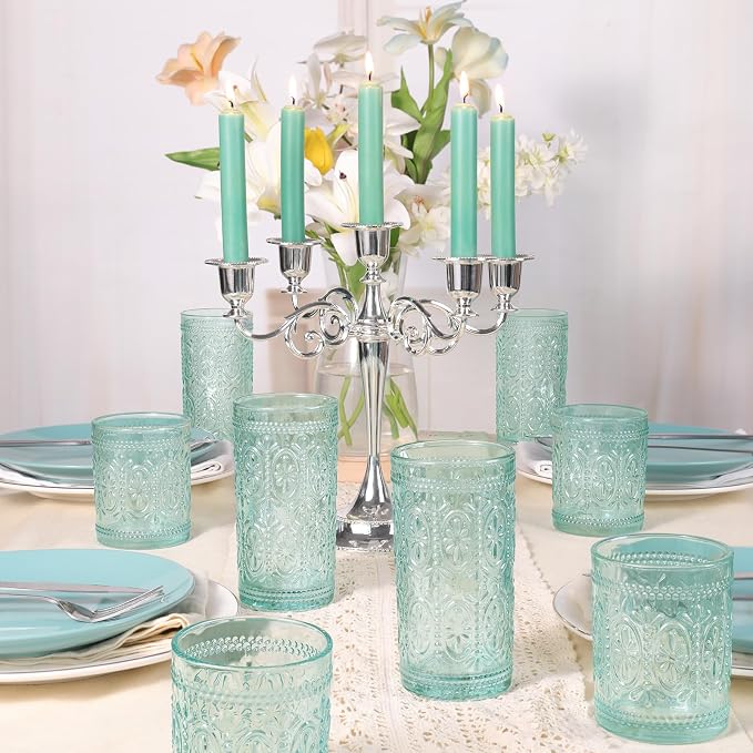 abrwyy Glassware set of 4, Vintage Drinking Glasses, 10oz Heavy Duty Glass Cups, Colored Glassware Set, Embossed Glasses Set for Party Wedding Home Office Glassesware Gift - Image 7