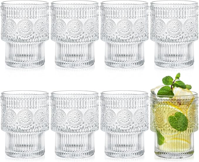 Kingrol Drinking Glasses Set of 8, 6.5 Ounces Stackbale Water Glasses, Vintage Glassware for Cocktail, Whiskey, Juice, Iced Coffee, Iced Tea, Bar Accessories by Kingrol