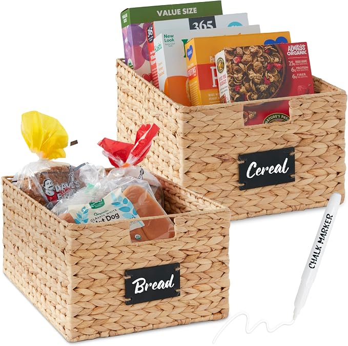 Best Choice Products Pantry Baskets Set of 2 16x12in Water Hyacinth Storage Baskets, Woven Wicker Kitchen Organizers with handles w/Chalkboard Label Chalk Marker - Natural by Unknown