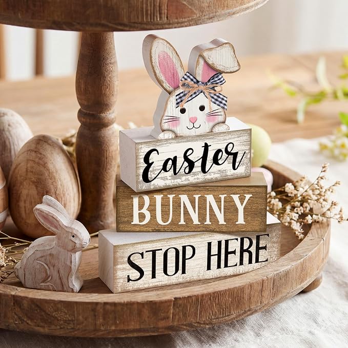 Moucuny 4 Pcs Easter Bunny Table Decoration Stacked Wooden Bunny Block Decor 3-tier Tabletop Sign with 3D Rabbit, Rustic Farmhouse Easter Decorations for Home Egg Hunt Party Centerpiece Gift - Image 2