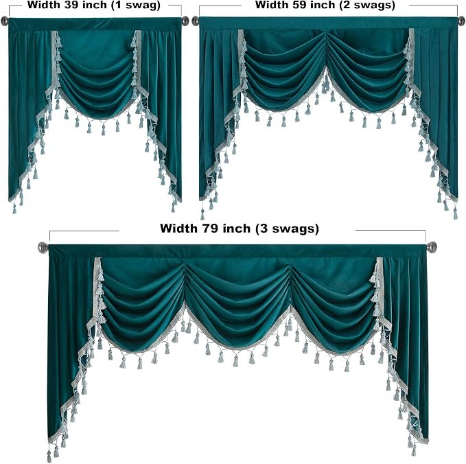 Teal Waterfall Velvet Valance Curtains W79 inches, 1 Panel | Classic Vintage Waterfall Swag Curtains for Bedroom, Room Darkening Thermal Insulated Drapes for Theater, Living Room - Image 5