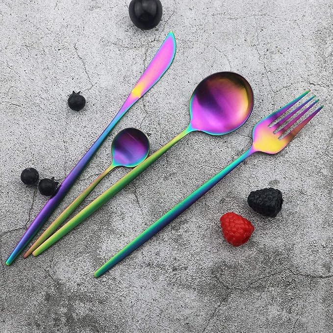 JASHII Silverware Set, 24-Piece Stainless Steel Flatware Set,Kitchen Utensil Set Service for 6,Tableware Cutlery Set for Home, Dishwasher Safe (Matte Rainbow) - Image 2