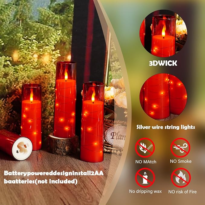 Sasigeiaa Flameless Candles with Embedded Star String - Battery Operated LED Candles, with Remote,12 Red Flickering Candles for Christmas, Weddings, Home Decor & Party,(D 2.3"×H 5" 6" 7") - Image 4