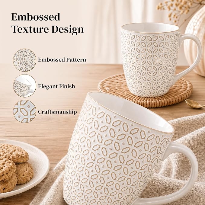 DOWAN Coffee Mugs Set of 6, 19 oz Large Mug, Ceramic Embossment Stoneware Tea Cups with Handle for Men Women, Handcrafted Mug Gift Set, Housewarming Wedding Gift - Image 4