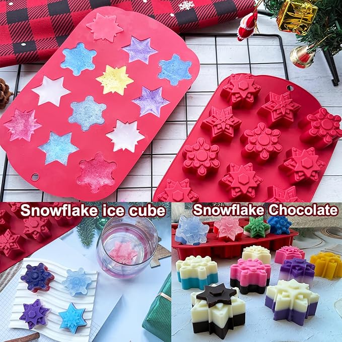 2 PCS Snowflake Silicone Mold, Snowflake Ice Cube Molds Christmas Chocolate Candy Silicone Molds for Dessert Soap Candles Jello Ice Wax Melt, Christmas Holiday Party Baking Cake Decor Mold