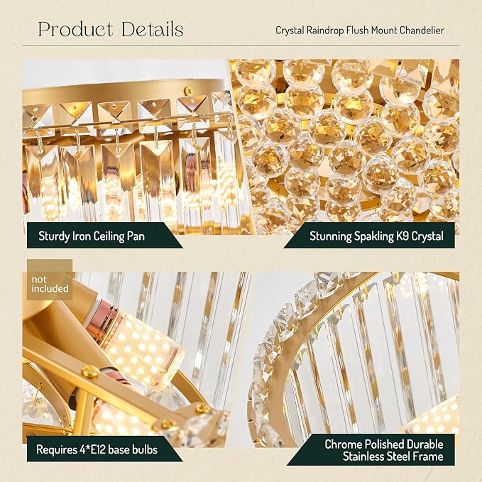 17.3" Gold K9 Crystal Raindrop Flush Mount Ceiling Light, Modern Chandelier, Round Luxury Light Fixture for Dining Room, Bedroom, Hallway, Kitchen Island & Living Room - Image 5