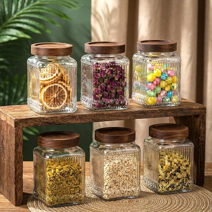 6 Pcs Vintage Glass Storage Jar with Lid 25.3 oz Glass Containers Stylish Ribbed Pattern Airtight Kitchen Jars Candy Jar for Food Cookies Candy Coffee Tea Beans Grains Storage - Image 4