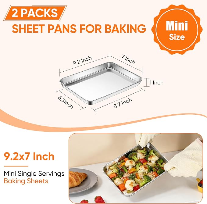 LIANYU Stainless Steel Tray for Baking, 9.2x7”Small Cookie Baking Sheet Pan | 2PCS Metal Cooking Sheet Tray for Oven, Rust Free & Mirror Finish, Dishwasher Safe, Heavy Duty, No Coating, Easy Cleaning - Image 2