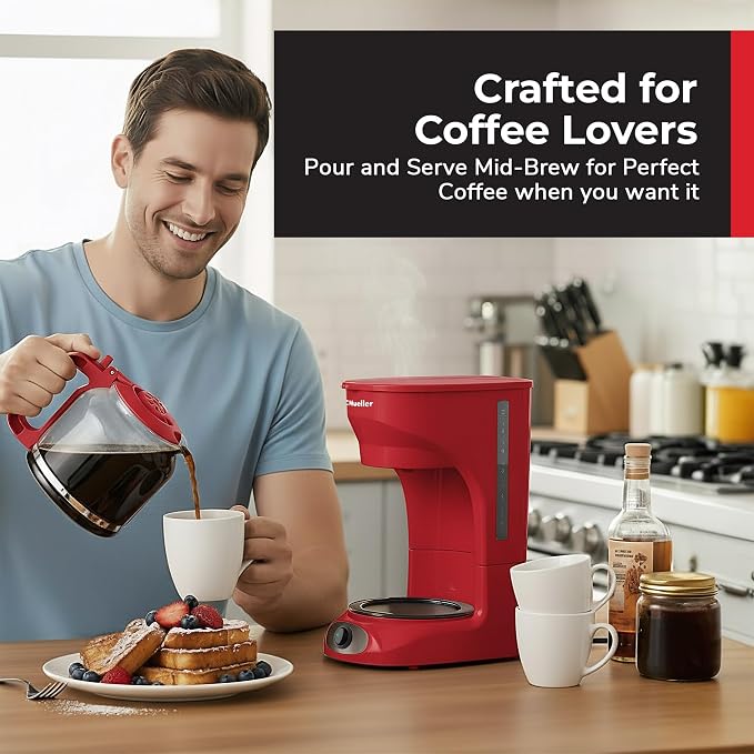 MUELLER HOME 12-Cup Red Coffee Maker | Borosilicate Carafe, Auto-Off, Reusable Filter, Anti-Drip, Keep-Warm Function - Image 8