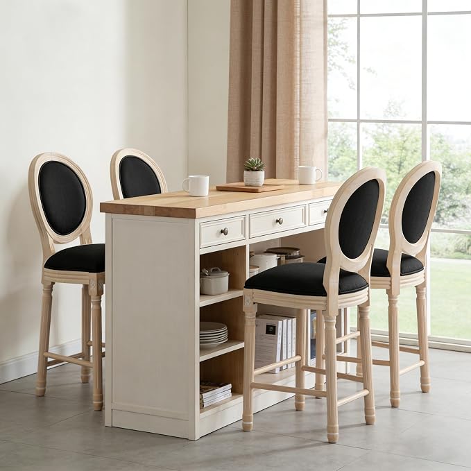French Country Barstool, Linen Farmhouse Counter Height Chair | Set of 4, with Cushion Round Back and Solid Wood Legs, Oval Chairs for Restaurant, Bar, Kitchen, Café, Black - Image 2