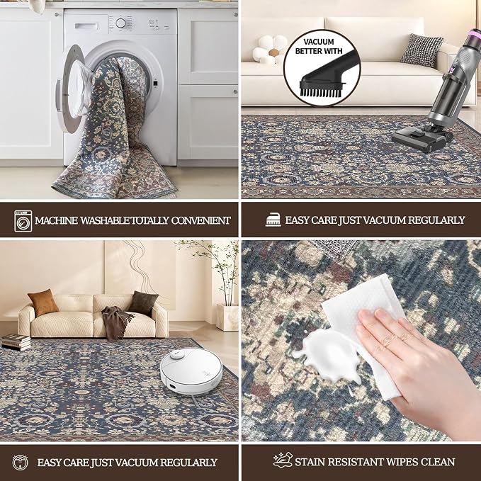 5x7 Area Rug, Machine Washable Living Room Rug - Non-Slip Low Pile Accent Rug for Bedroom, Pet Friendly, Modern Vintage Geometric Design - Image 7