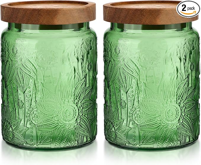 LemonRoad 2 Pcs Vintage Glass Storage Jars 23.67 oz Candy Jar Canister with Solid Wood Lids Food Storage Container for Kitchen, Ground Coffee, Tea, Sugar, Decorative Mason Cookie Jars (Green) by Unknown