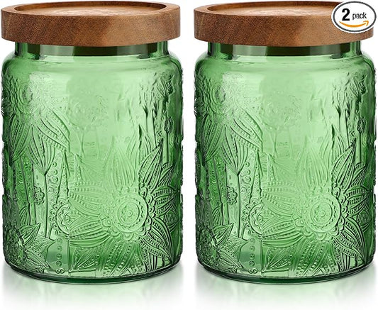 LemonRoad 2 Pcs Vintage Glass Storage Jars 23.67 oz Candy Jar Canister with Solid Wood Lids Food Storage Container for Kitchen, Ground Coffee, Tea, Sugar, Decorative Mason Cookie Jars (Green) by Unknown