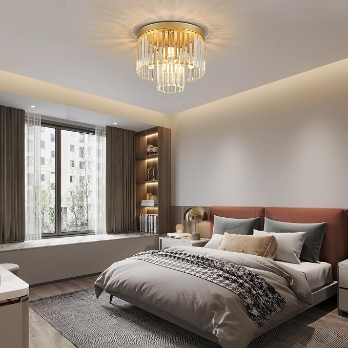 12.6" 4 Light Gold Crystal Ceiling Light for Dining Room | K9 Crystal, Stainless Steel, 2 Tier, E12 Base, Flush Mount, for Kitchen Island Living Room Bedroom Entryway - Image 9