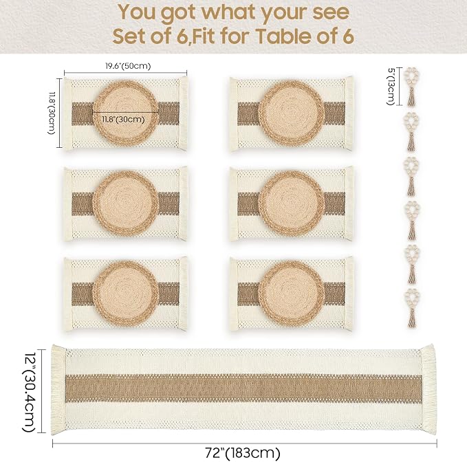 Placemats Set of 6 w/Charger Plates Table Mats Table Runner & Napkin Rings | All in One Placemats,Boho Farmhouse Style Heat-Resistant Non-Slip Protective Round Woven Placemats for Dining Table Décor - Image 5