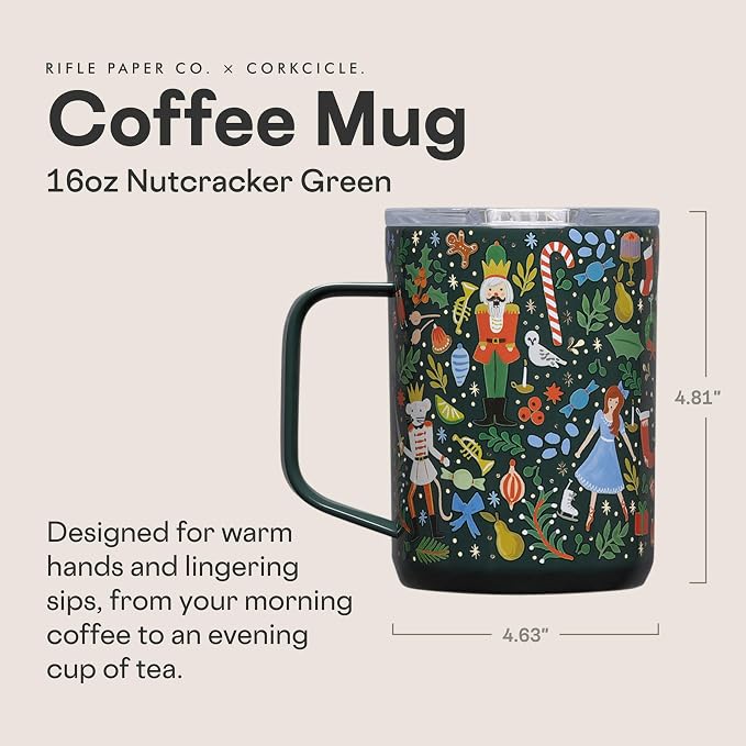Corkcicle x Rifle Paper Co. Triple Insulated Coffee Mug with Lid & Handle - Keeps Beverages Hot for 3+ Hours - Gift for Mom - Great for Mother's Day or Christmas - 16 oz - Nutcracker Green - Image 2