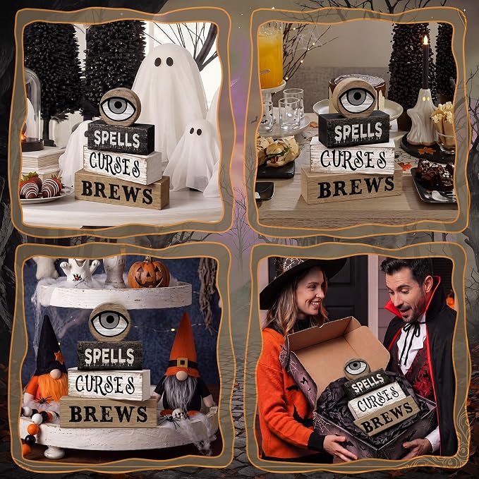 Moucuny 4 Pcs Halloween Table Decor Witchy Wooden Stacked Block Decor, "Spells Curses Brews" Signs with Eyeball Topper, Rustic Gothic Halloween Tiered Tray Decoration for Home Office Kitchen Shelf - Image 4