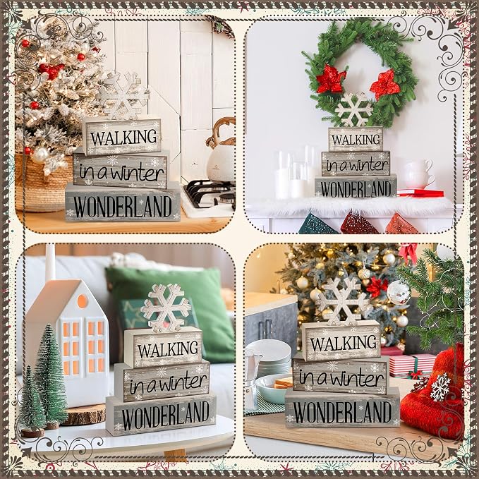 Moucuny 4 Pcs Christmas Table Decorations Wooden Snowflake Decor Winter Tiered Tray Decor Rustic Snow Signs Block Gift Farmhouse Christmas Centerpiece for Wonderland Party Kitchen Shelf Home - Image 6