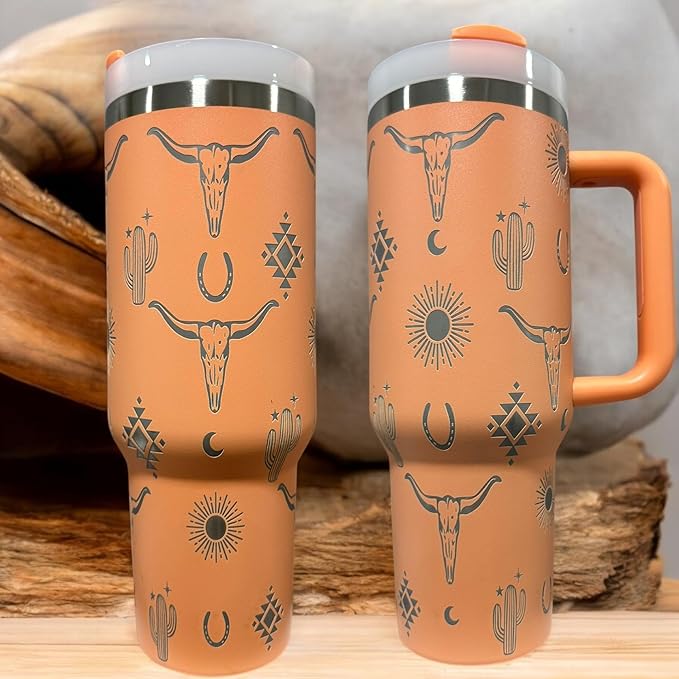Tumbler, 40oz Tumbler, Western Tumbler, Engraved Cup with Handle, Cute Coffee Mug, 40oz Coffee Mug (Orange(15)-Longhorn(D35))