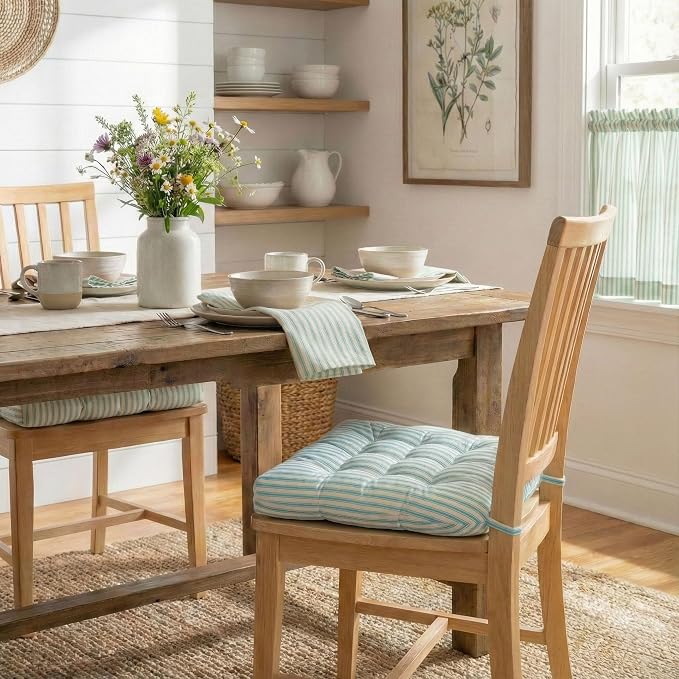 Barnett Home Decor Chair Cushions for Dining Chairs - 16.5x18 Kitchen Chair Cushions - Machine Washable, 100% Cotton, Made in USA - Latex Foam Chair Pads - Ticking Stripe Aqua Medium Pack of 4 - Image 2