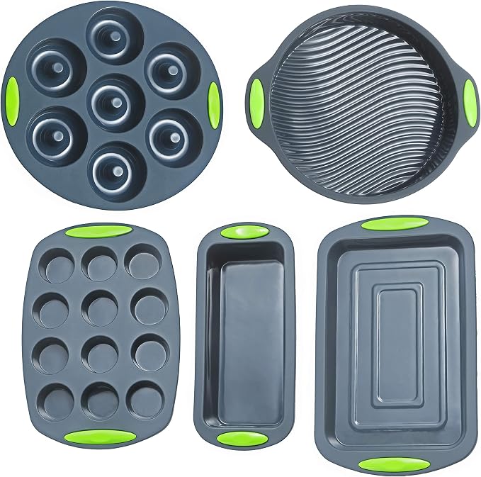 5 Pieces Silicone Bakeware Set | Food Grade Premium Silicone Molds | Round Cake Pan, Loaf Toast Bread Pan, 12 Cup Mini Muffin Pan, 7-Cavity Donut Pan, 11x7.5-Inch Cake Tray - Baking Pans Nonstick Set by MEGROCLE