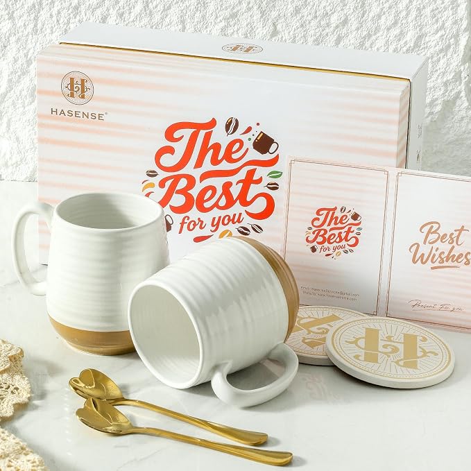 HASENSE Ceramic Couple Coffee Mug Gift Set, 20oz Mugs Set of 2 with Glaze Coasters & Gold Spoons |Unique Engagement, Bridal Shower, Wedding & Housewarming Gift for Newly Engaged, Bride and Groom White - Image 6