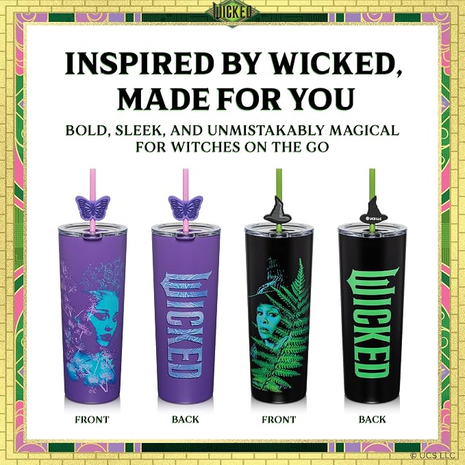 Dragon Glassware x Wicked: For Good Stainless Steel Tumbler, 24 oz 2-Pack | Set of 2 Vacuum Insulated Stainless Steel Wicked Cups with Lids & Straws; With Straw Charm; Official Wicked Merch - Image 6