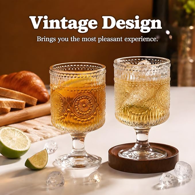 Pumtus 6 Pack Vintage Goblet Glasses, 7.6 OZ Embossed Floral Glass Cup, Clear Romantic Wine Glassware, Unique Pressed Pattern Stemware, Mixed Drink Glasses Set for Cocktail, Juice,Whiskey, Beer - Image 5