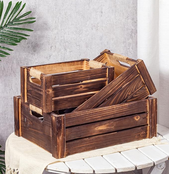 TIMRIS Set of 3 Rustic Wood Nesting Crates, Farmhouse Wooden Storage Container Boxes with Cutout Handles, Decorative Wooden Baskets for Display (Rustic Brown) - Image 2