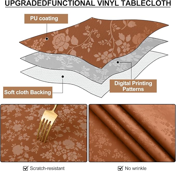 Smiry Rectangle Waterproof Heavy Duty Vinyl Tablecloths, 60 x 84 Inch | Wipeable Washable Floral Embossed Table Cover for Kitchen and Dining Room, Indoor & Outdoor Use, Caramel - Image 4