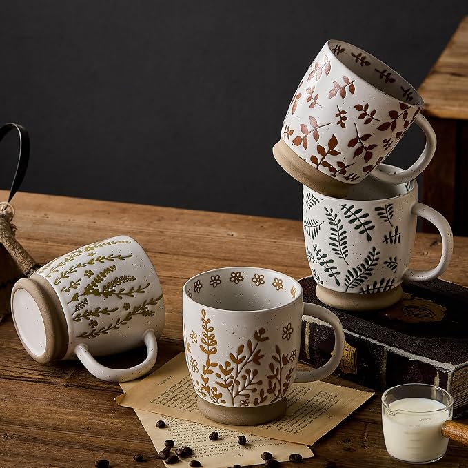 18 Oz Large Ceramic Coffee Mug Set of 4 - Rustic Handmade Floral Mugs with Handle, Microwave Safe for Latte Espresso Cappuccino Tea Cocoa Milk, Modern Unique Big Cups for Kitchen Women - Image 4