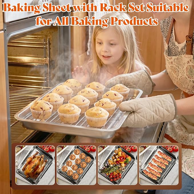 Baking Sheet with Rack Set, Stainless Steel Baking Sheet with Wire Rack Set - 2 Pans & 2 Racks, Oven Safe Baking Tray for Cookies, Bread, Pastries, and Roasting, 16x12x2 inch & 14x11x2 inch - Image 4