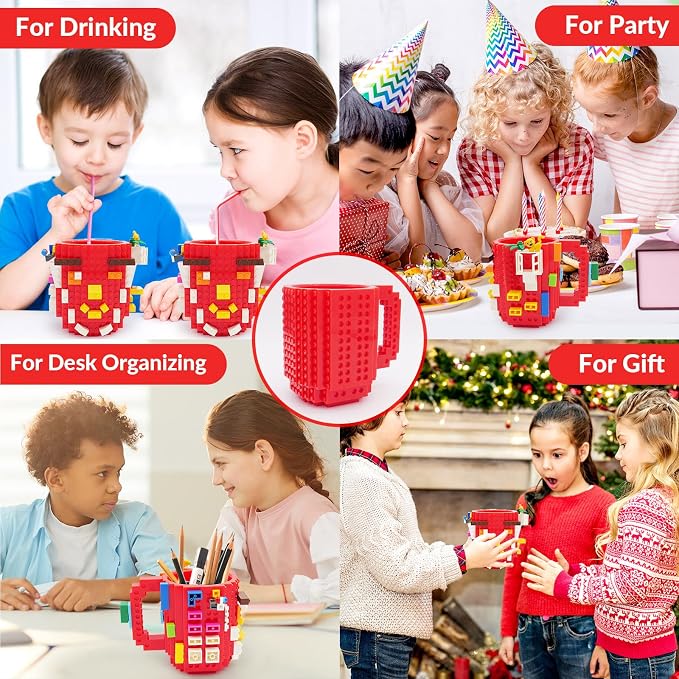 Lumsburry Build-on Brick Coffee Mug, Funny DIY Unique Novelty Drinking Cup | Building Blocks Creative Mug, for Men Women Kids Dad Mom, Present Exchange Ideas, Xmas Birthday White Elephant(Red) - Image 8