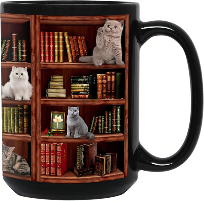 Cat Book Coffee Mug, Library Bookshelf Large Tea Cup, Black, 15oz | Ceramic, Comfortable Handle, Novelty Bookish Gifts for Book Lovers, Cat Lovers, Women, Men, Readers, Writers, Bookworms by BORULEEY